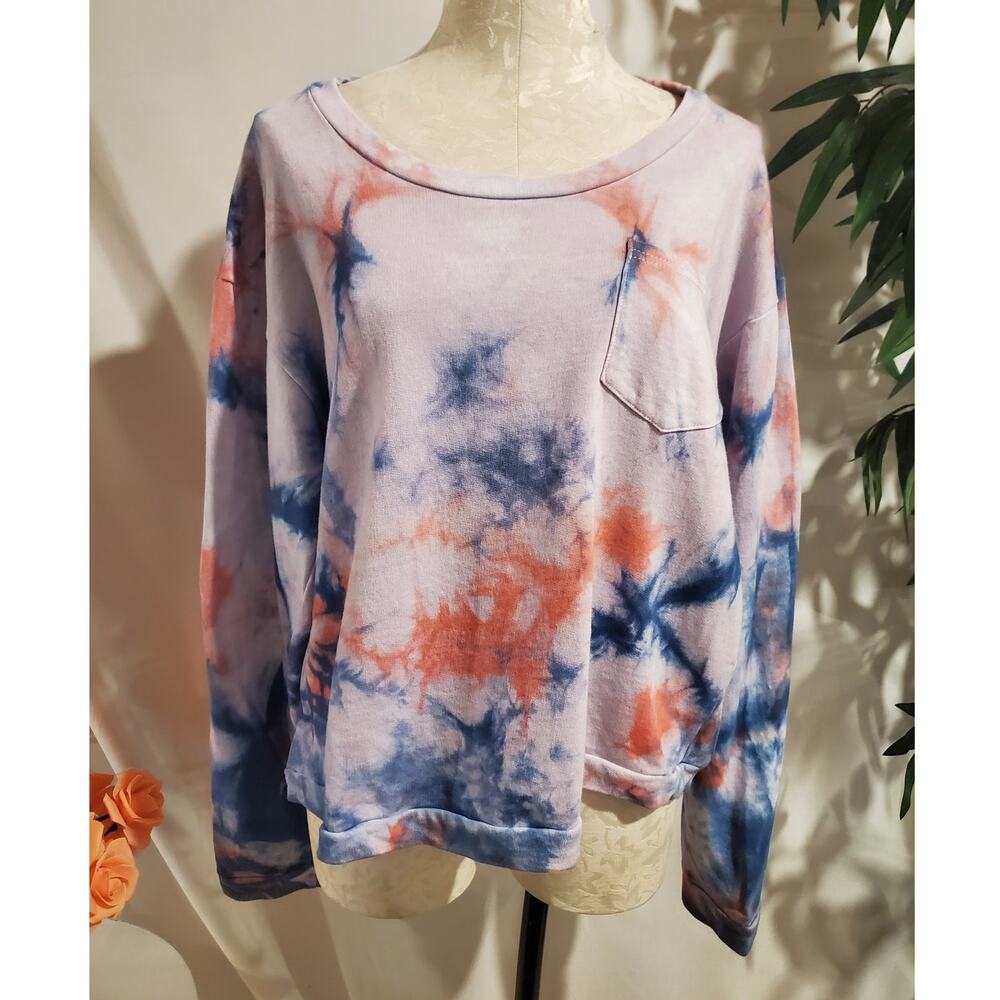 POL Tie Dye Cotton French Terry Scoop Neck Pocket Sweatshirt Size S Relaxed Boho
